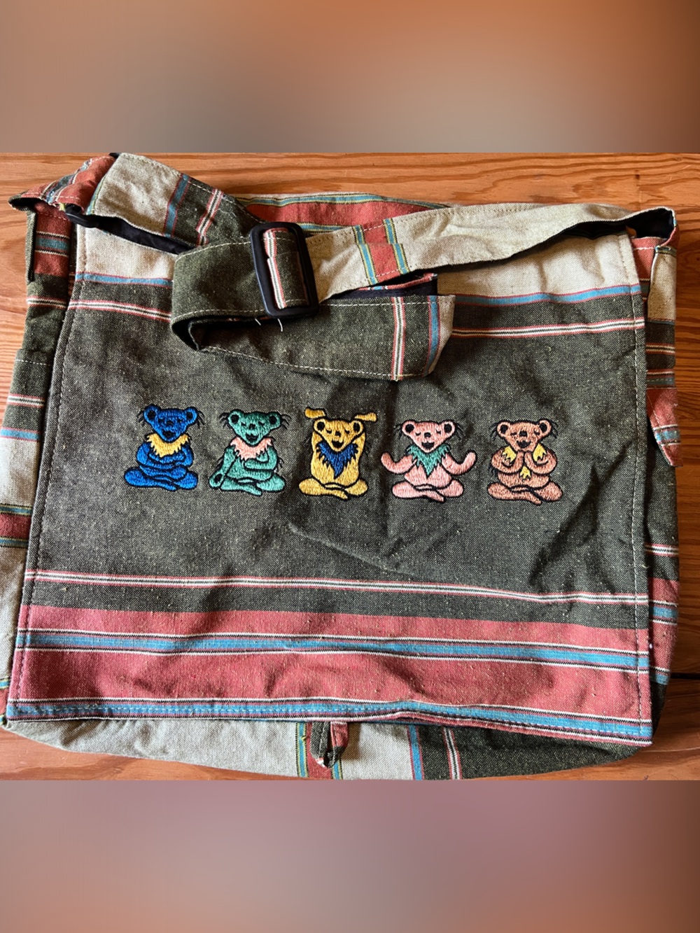 Embroidered Grateful Dead Multi-Bear Striped Canvas Messenger Bag